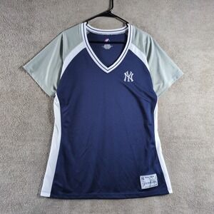 Majestic New York Yankees V Neck Jersey T Shirt‎ Womens 2XL Navy White Gray